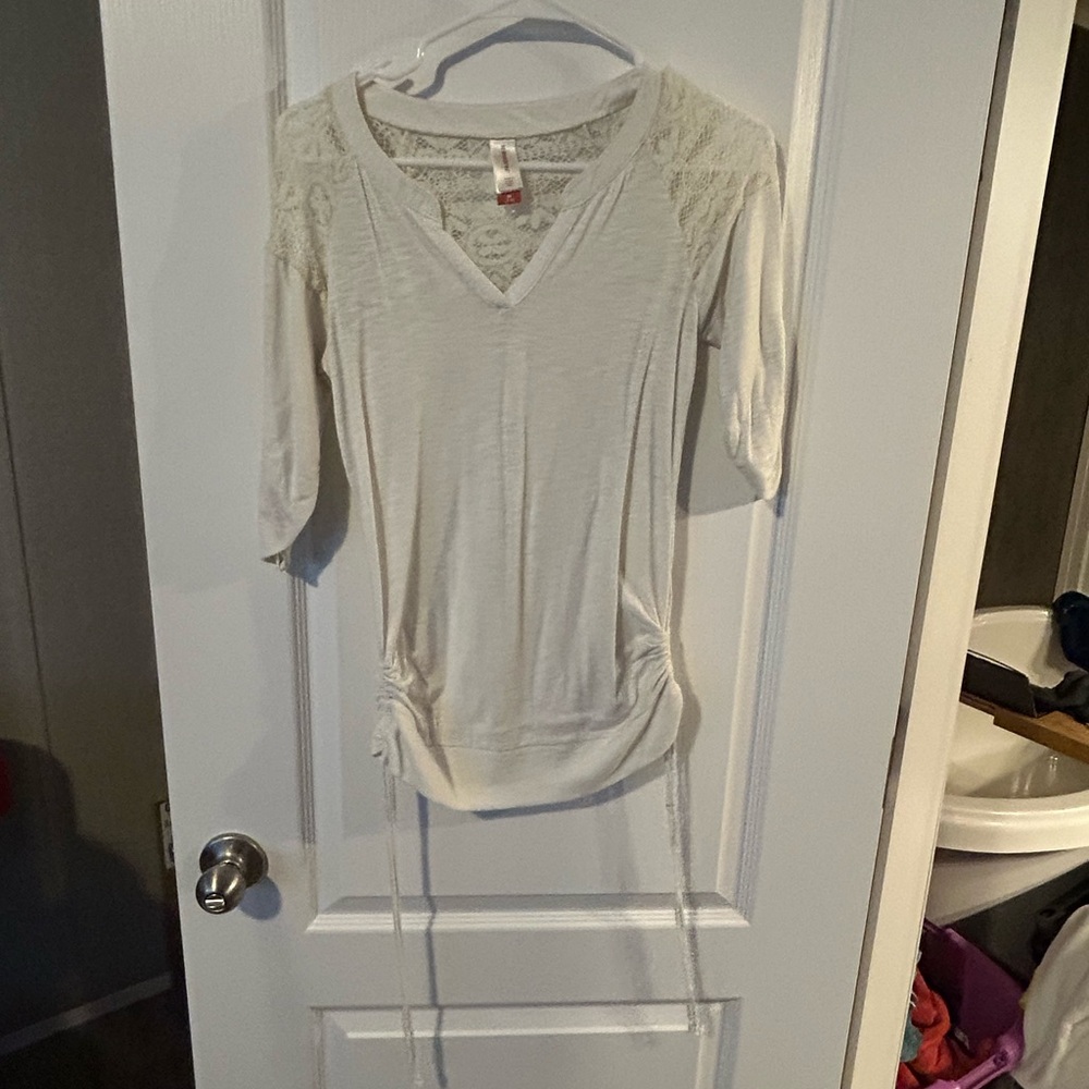 Cream Tie Front Blouse with 3/4 Sleeves